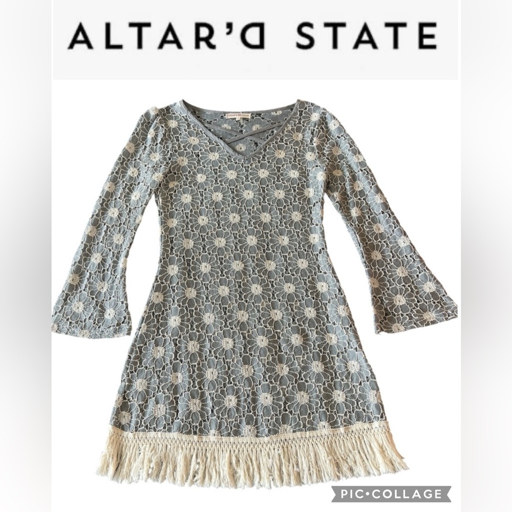 Altar'd State Blue Lace Long Sleeve Fringe Dress